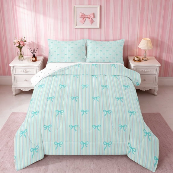 Erosebridal Line Art Bow Stripe King Size Comforter Sets for Girls, Minimalist Girly Ditsy Print Comforters King Size, Reversible 3pcs 1 Comforter and 2 Pillowcases