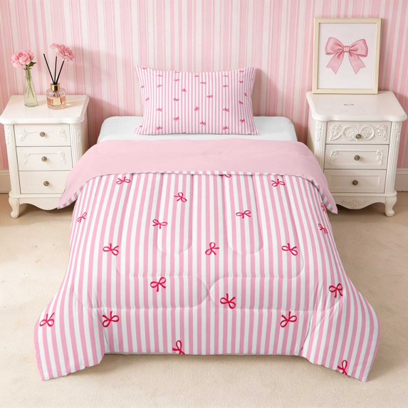Erosebridal Line Art Bow Stripe Twin Comforter Sets for Girls, Minimalist Girly Ditsy Print Bedding Set, Pink Reversible 2pcs 1 Comforter and 1 Pillowcase