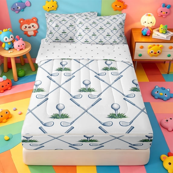 Erosebridal Line Art Golf Club Ball Zipper Twin Comforter Sets with Fitted Sheet and 2 Pillowcases,Cross Stick Lattice Grid Zipper Bedding Set For Boys,Reversible,4pcs