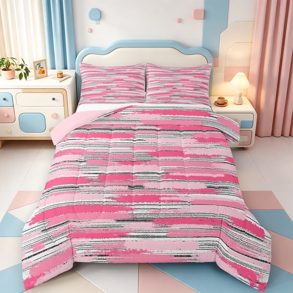 Erosebridal Line Art Pattern Queen Comforter Set,Minimalist Striped Comforter Sets Queen,Pink Reversible,3 Pieces,1 Comforter and 2 Pillowcases