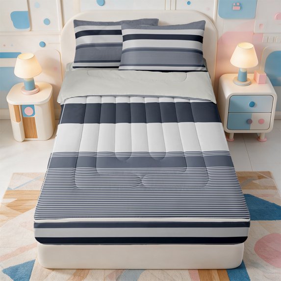 Erosebridal Line Art Pattern Zipper Twin Comforter Sets with Fitted Sheet and 2 Pillowcases,Boho Striped Zipper Bedding Set,Light Gray Reversible,4 Pieces