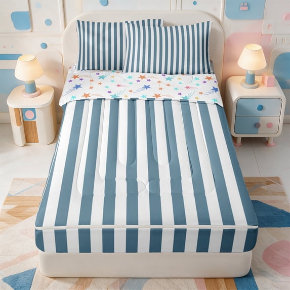 Erosebridal Line Art Zipper Queen Comforter Set with Fitted Sheet and 2 Pillowcases,Mid-Century Stripes Zipper Bedding Set,Colorful Stars Reversible,4pcs
