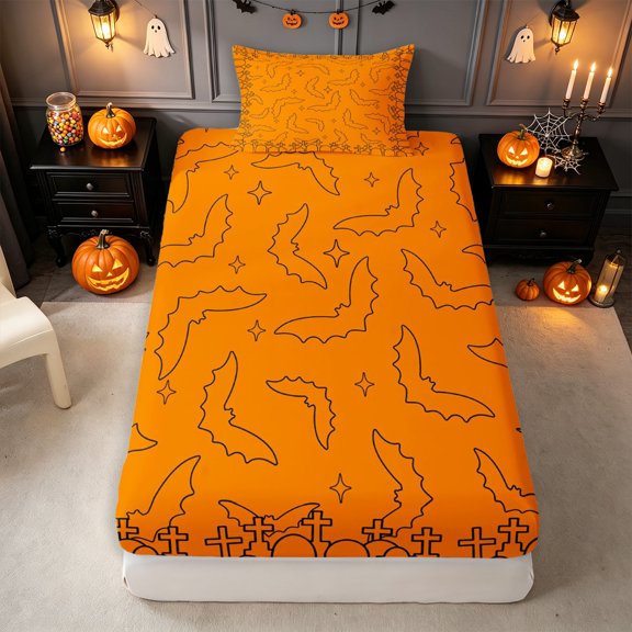 Erosebridal Line Bats Twin Fitted Sheet 2 Pieces,Gothic Bats Bedding,1 Fitted Sheet and 1 Pillowcase