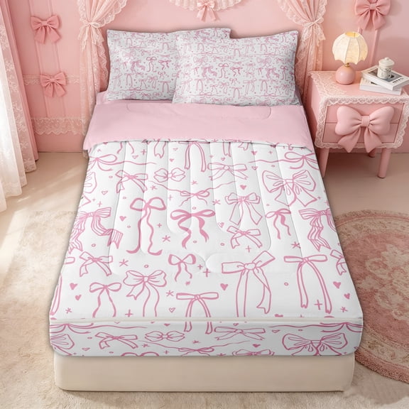 Erosebridal Line Bow Sketch Zipper Twin Comforter Sets with Fitted Sheet and 2 Pillowcases for Women Girls, Kawaii Love Heart Star Print Zipper Bedding Set, Pink Reversible, 4pcs