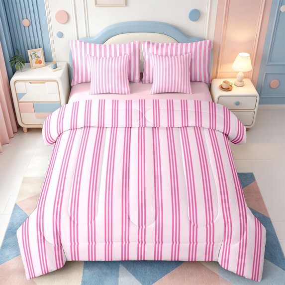 Erosebridal Line Geometric Pattern 7-Piece King Bedding,Boho Striped King Bed in a Bag,Pink Reversible