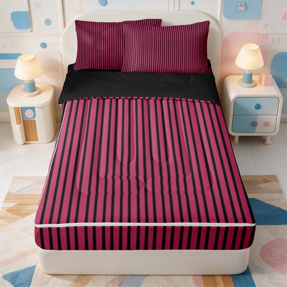 Erosebridal Line Geometric Pattern Zipper Twin Comforter Sets with Fitted Sheet and 2 Pillowcases,Aesthetic Striped Zipper Bedding Set,Black Reversible,4 Pieces