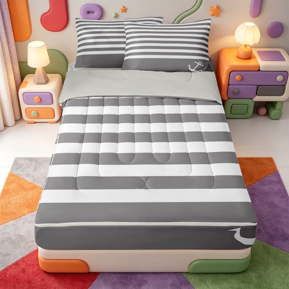 Erosebridal Line Geometric Pattern Zipper Twin Comforter Sets with Fitted Sheet and 2 Pillowcases,Modern Minimalist Stripes Zipper Bedding Set,Light Gray Reversible,4-Piece