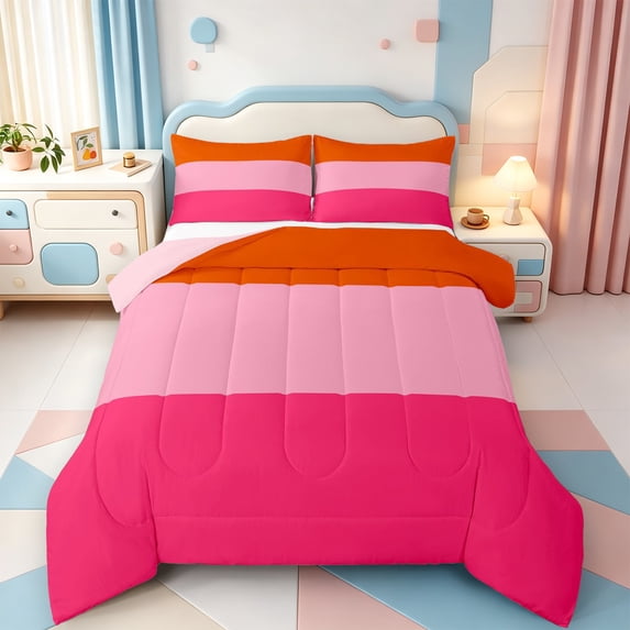 Erosebridal Line Geometric Print King Size Comforter Sets,Mid-Century Lines Comforters King Size,Pink Reversible,3pcs,1 Comforter and 2 Pillowcases