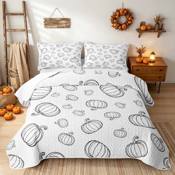 Erosebridal Line Pumpkin Quilt King, Harvest Season King Coverlet Set for Boys Girls, Black White, 3 Pieces 1 Bedspread and 2 Pillowcases