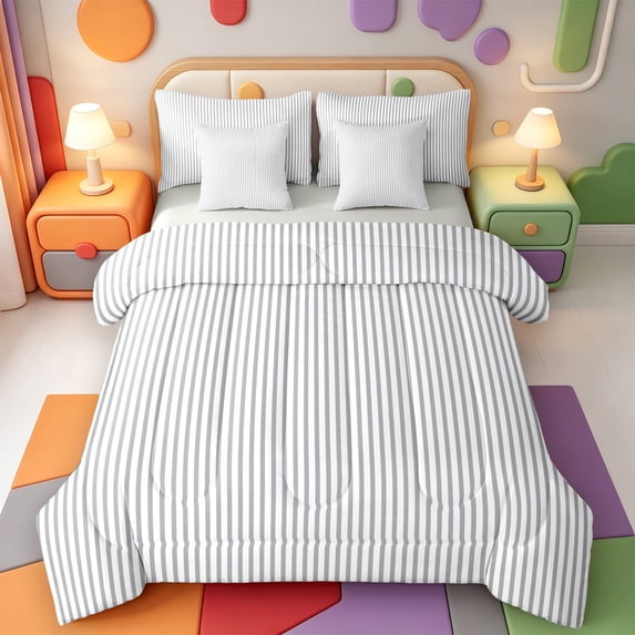 Erosebridal Linear Geometric 7-Piece Twin Bedding,Modern Stripes Bedding Comforter Set,Light Gray Reversible