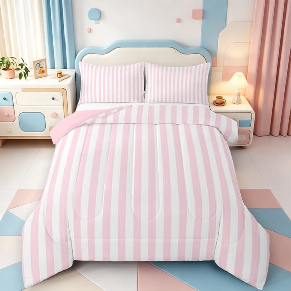 Erosebridal Linear Geometric Print King Size Comforter Sets,Mid-Century Stripes Comforters King Size,Pink Reversible,3-Piece,1 Comforter and 2 Pillowcases