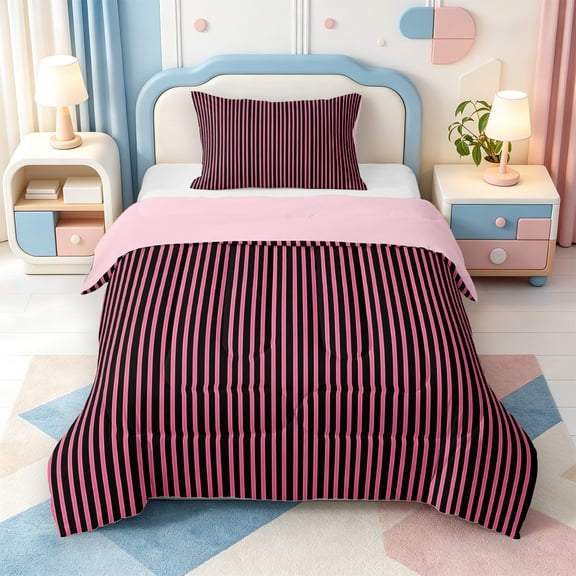 Erosebridal Linear Geometric Print Twin Comforter Sets,Aesthetic Striped Bedding Set,Pink Reversible,2pcs,1 Comforter and 1 Pillowcase