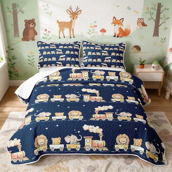 Erosebridal Lion Bed Spread Queen for Boys Girls, Toy Train Queen Coverlet Set, 3-Piece 1 Quilt and 2 Pillowcases