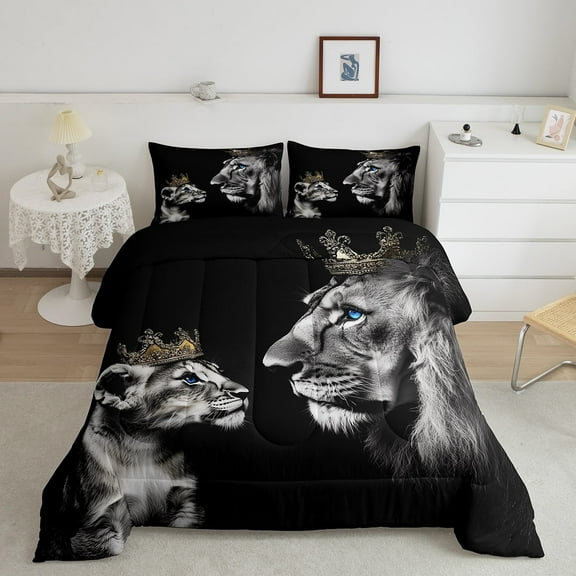 Erosebridal Lion Couple Comforter Set King Queen Bedding Set for Women Men,Animal Couple Quilt Gray Big Cat Hair Duvet Insert Queen Size,Safari Animals Romantic Floral Room Decor