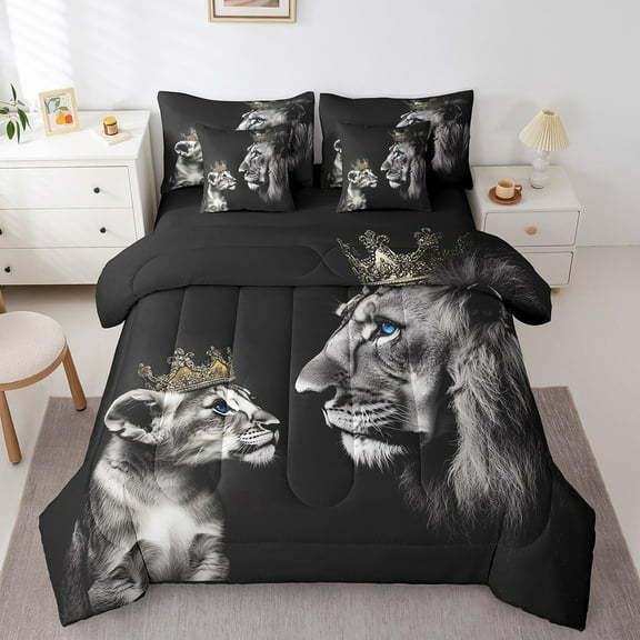 Erosebridal Lion Couple Comforter Set with Sheets Animal Couple Bed in a Bag Bedroom Bed Decor Gray Safari Animals 7 Piece Bedding Set Twin Size Soft Romantic Floral Bed Set