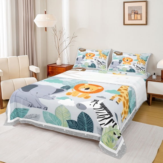 Erosebridal Lion Monstera Queen 4-Piece Tropical Zoo Animal Sheet Set