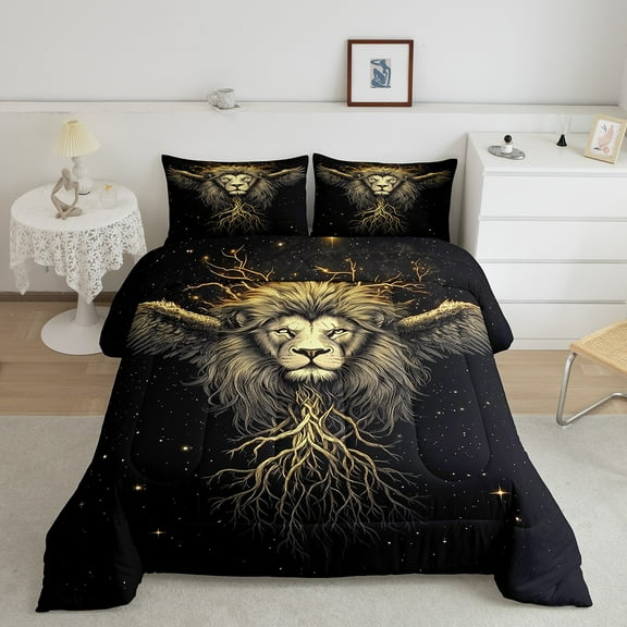 Erosebridal Lion Print Comforter Sets Full Size, Branch Tree Comforters & Duvets, Psychedelic Galaxy Decor, Microfiber 3 Pieces