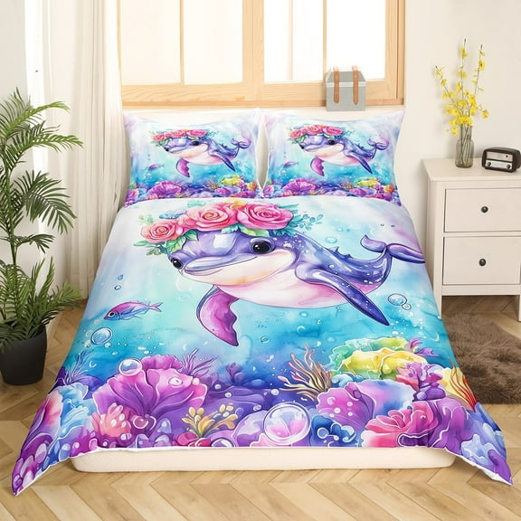 Erosebridal Cartoon Dolphin Comforter Cover Twin,Blue Pink Bedding Twin Size,Ocean Theme Decor,3Pcs