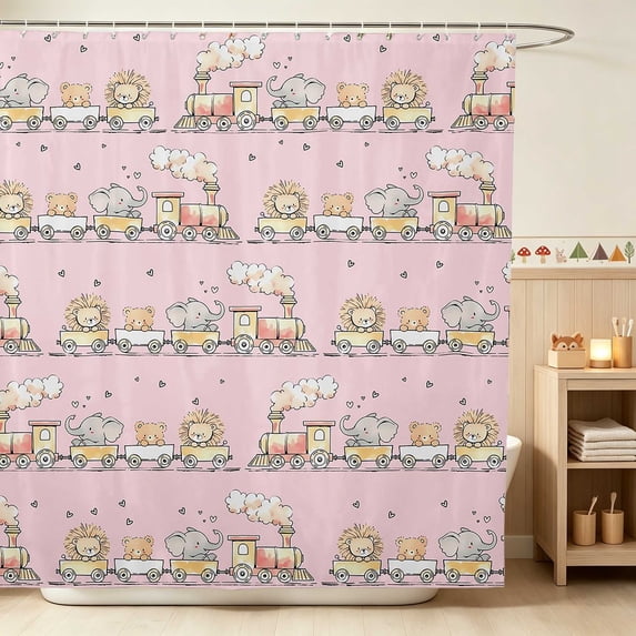 Erosebridal Lion Shower Curtain 72Wx72L for Girls, Pink Train Waterproof Bathroom Curtain