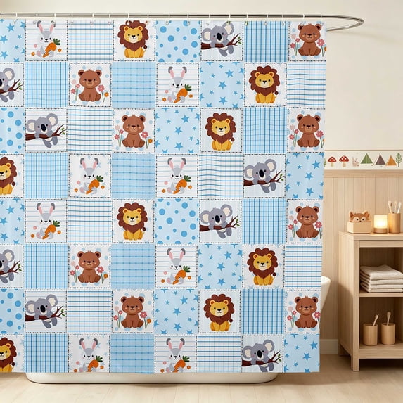 Erosebridal Lion Shower Curtain 72Wx78L for Boys Girls, Blue Patchwork Waterproof Bath Curtain