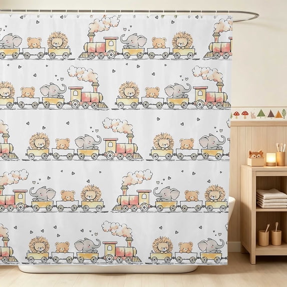 Erosebridal Lion Shower Curtain 72Wx78L for Boys Girls, White Train Waterproof Bath Curtain