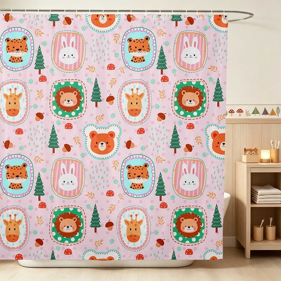 Erosebridal Lion Shower Curtain 72Wx84L for Girls, Pink Safari Waterproof Bathroom Shower Curtain