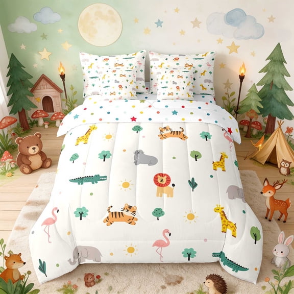 Erosebridal Lion Twin Bedding for Boys Girls, Safari Animals Bedding Comforter Set, Polka Dots Reversible 7-Piece