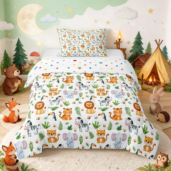 Erosebridal Lion Twin Comforter Sets for Boys Girls, Safari Animals Bedding Set, Polka Dots Reversible 2pcs 1 Comforter and 1 Pillowcase