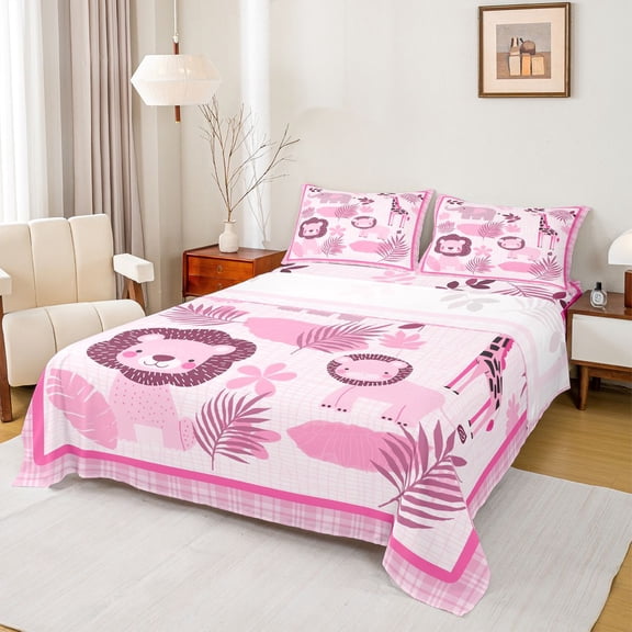Erosebridal Lion Wildlife Kids Bed Sheets, Leaf Plant King Sheets, Pink, 4 Pieces
