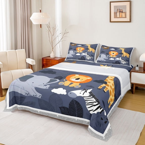 Erosebridal Lions Giraffe Elephant Bed Sheets,Jungle Animals King Sheets For Boys 4 Pieces