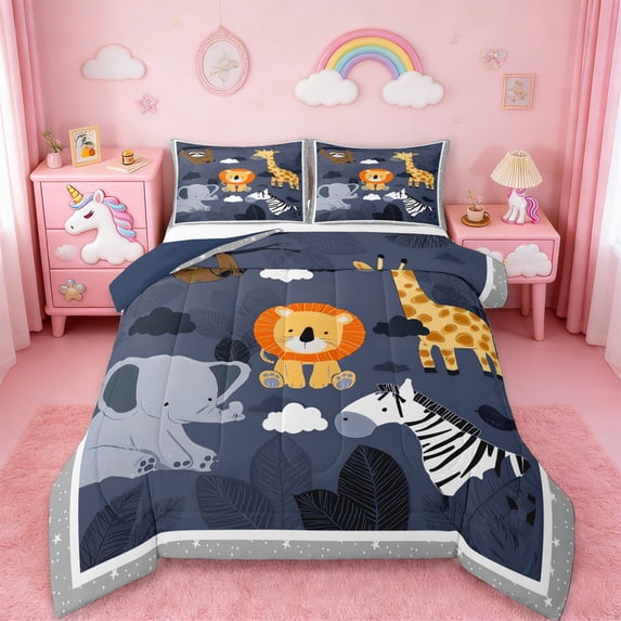 Erosebridal Lions Giraffe Elephant Queen Comforter Set,Jungle Animals Bedding Comforter Set For Boys, Reversible 3-Piece