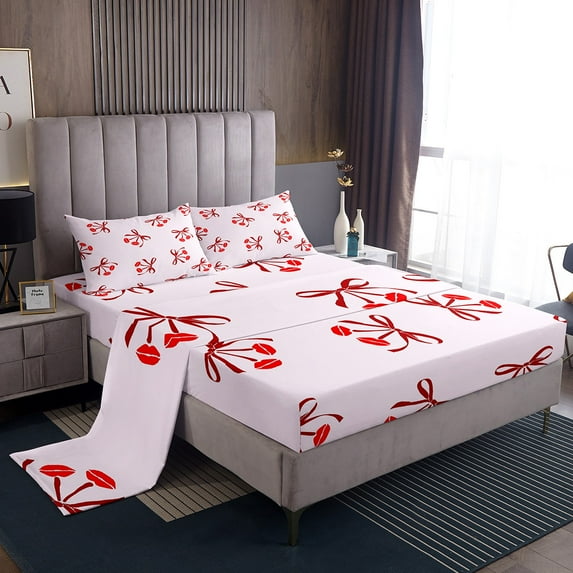 Erosebridal Lips Bowknot Sheet Set Twin,Pink Red Bedding Sets Twin Size,Kawaii Bow Twin Sheet Sets,Breathable Teenager Bedroom Decor,3pcs