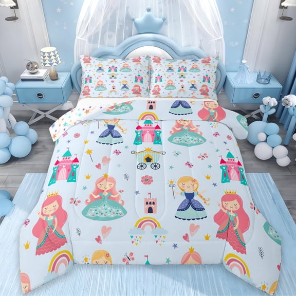 Erosebridal Little Princess Bedding Twin Comforter Set,Kawaii Girls Down Comforter,Blue Carriage Caslte Bedding Sets Twin with Comforter For Girls,Ultra Soft Room Decor Reversible,2 Pieces