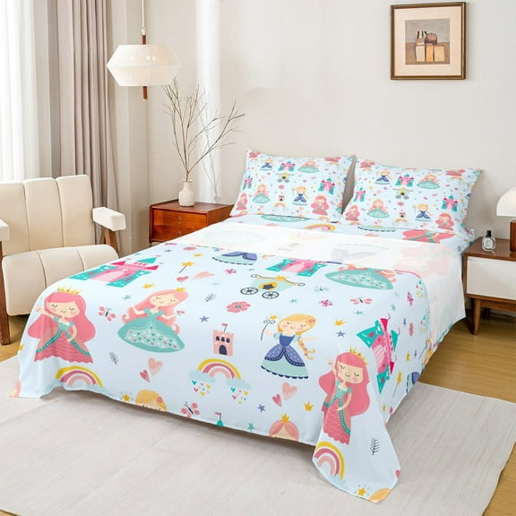 Erosebridal Little Princess Twin Sheet Sets,Kawaii Girls Bedding Twin Size,Blue Carriage Caslte Bed Sheets Set Twin Size For Girls,Ultra Soft Room Decor,3-Piece