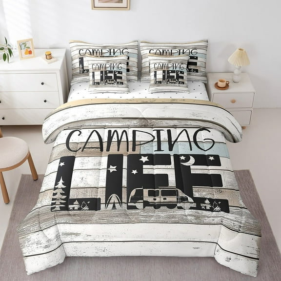 Erosebridal Lodge Cabin Bedding Sets Twin Size,Happy Camping Comforter Sets with Sheets,Rv Accessories Bed in a Bag Twin size,Super Cozy Rustic Room Decoration,Reversible,7pcs