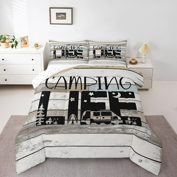 Erosebridal Lodge Cabin Bedding Twin Comforter Set,Happy Camping Down Comforter,Rv Accessories Bedding Sets Twin with Comforter,Super Cozy Rustic Room Decoration,Reversible,3pcs