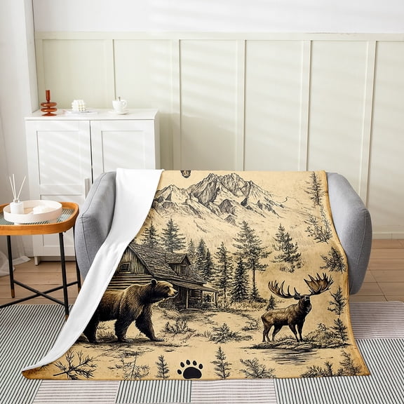 Erosebridal Lodge Cabin Throw Blanket Throw 50x60 Inch Woodland Animals Blanket,Wildlife Bear Moose Elk Deer Fleece Blanket Farmhouse Cottage Reindeer Vintage Pine Trees Rustic Fuzzy Blanket