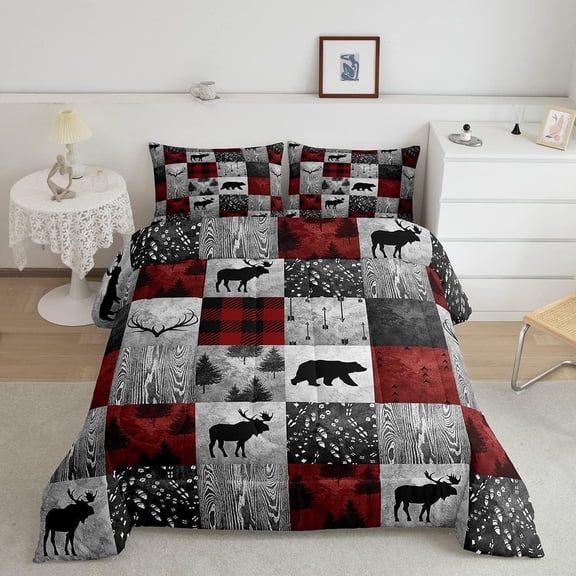 Erosebridal Lodge Deer Comforter Full,Burgundy Buffalo Plaid Check Bedding Set ,Bear Elk Antler Wild Hunting Animal Duvet Insert,Merry Christmas Down Comforter with 2 Pillowcases