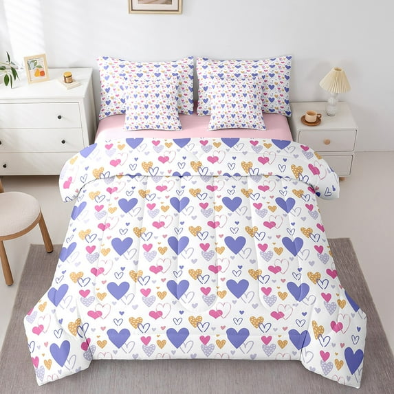 Erosebridal Love Heart Bedding Sets Twin Size, Cartoon Comforter Sets with Sheets, White Pink Reversible Bed Set, Lightweight Room Decorative, 7pcs