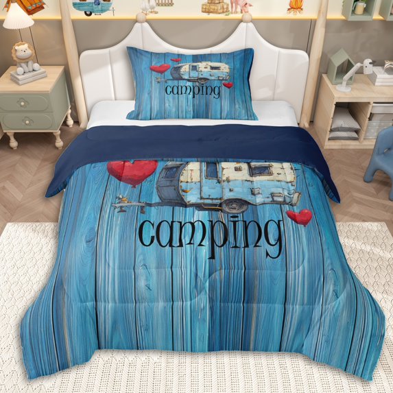 Erosebridal Love Heart Blue Car Twin Comforter Sets 3-Piece for Boys Girls,Rustic Cottage Camping Bedding Set for Boys Girls,Navy Blue Reversible,Luxury Bedroom Decor