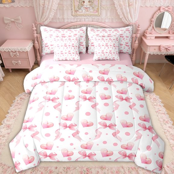 Erosebridal Love Heart Bow Bedding Comforter Set for Girls Women, Cute Pink Heart Ribbon Queen Bedding Sets, Pink Reversible, 7 Pieces