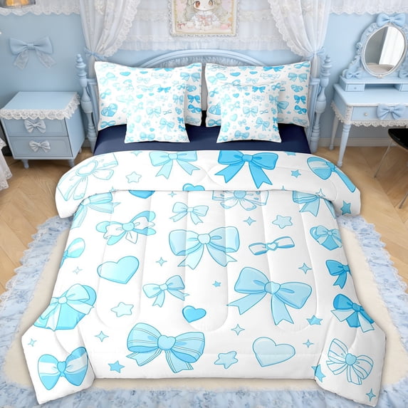 Erosebridal Love Heart Bowknot Bedding Comforter Set for Boys Girls, Cute Stars Print Full Bedding Set, Blue Reversible, 7 Pieces