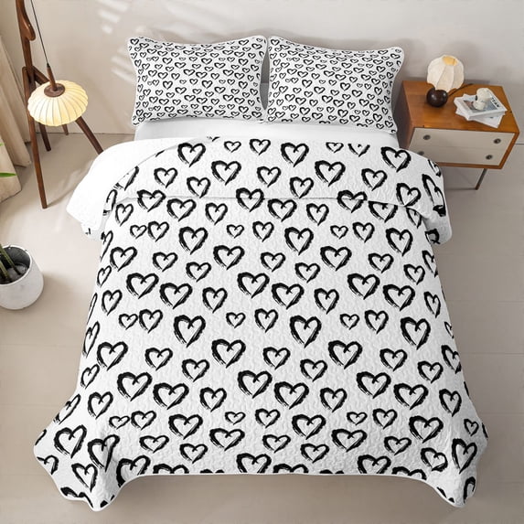 Erosebridal Love Heart Graffiti Bed Spread Queen for Girls, Brush Stroke Print Queen Coverlet Set, Black White, 3pcs