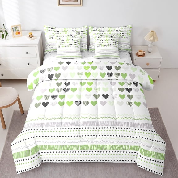 Erosebridal Love Heart Print Bedding Sets King Size,Polka Dots Bed in a Bag King size,Green Grey Bedding King Size,Ultra Soft Geometric Bedroom Decoration,Reversible,7-Piece