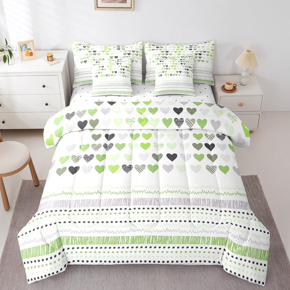 Erosebridal Love Heart Print Bedding Sets Twin Size,Polka Dots Comforter Sets with Sheets,Green Grey Bed in a Bag Twin size,Ultra Soft Geometric Bedroom Decoration,Reversible,7pcs