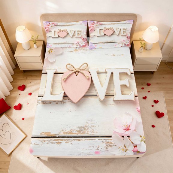 Erosebridal Love Letter Heart Cherry Blossom Twin Fitted Sheet for Girls, Sakura Floral Wooden Bedding 2pcs 1 Fitted Sheet and 1 Pillowcase