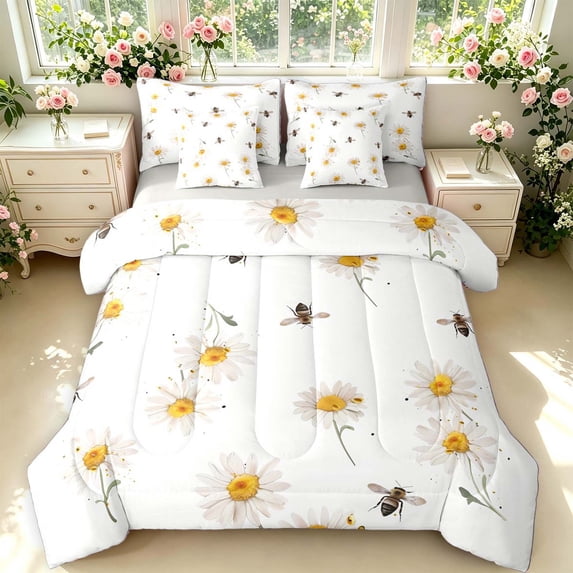 Erosebridal Lovely Bee 7 Pieces Full Size Bedding Sets,Cute Vintage Flowers Full Size Bed in a Bag,White Gold,Light Gray Reversible