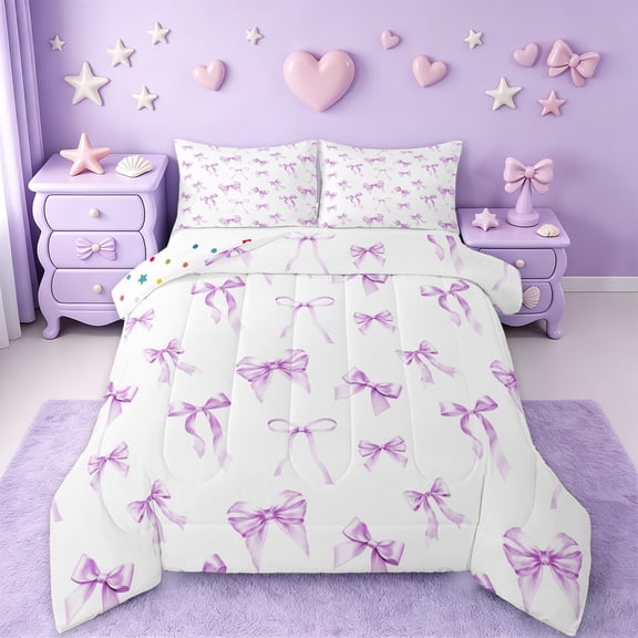 Erosebridal Lovely Bow Queen Comforter Set For Kids Girls,Dreamy Princess Bowknot Bedding Comforter Set,Reversible,3-Piece