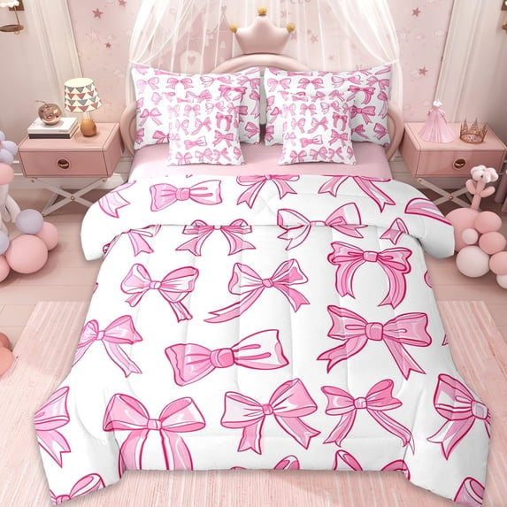 Erosebridal Lovely Bows Pattern 7-Piece Twin Bedding Sets,Pink Bowtie Cartoon Coquette Bow Bedding Comforter Set For Kids,Pink Reversible