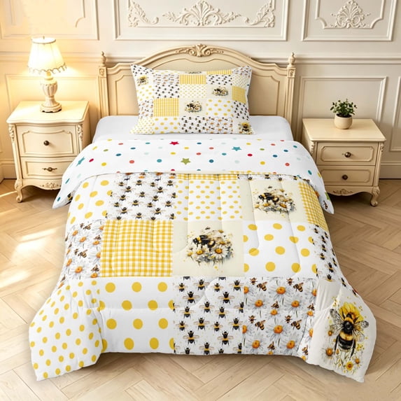 Erosebridal Lovely Bug Bee Twin Comforter Sets,Vintage Sunflower Floral Bedding Set,Cream White,Polkadot Reversible,2-Piece,1 Comforter and 1 Pillowcase